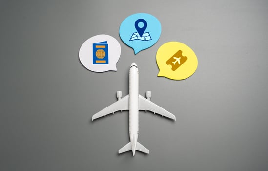 Airplane and travel attributes. Tourism and visas. Passports, plane tickets, visa approvals photo