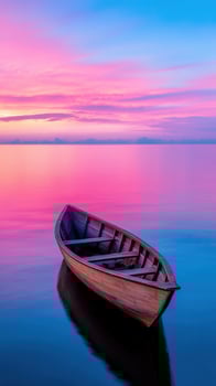 Wooden vessel drifting across mirrored water, Abstract vibrant sunset reflecting of pink, purple, orange. hues background photo