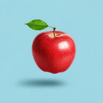 Red apple flying on blue background photo