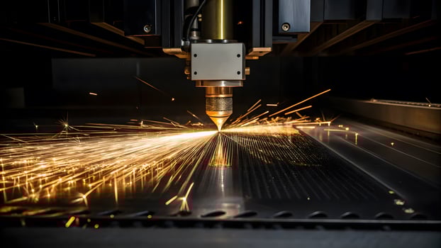 Laser cutting machine producing sparks in an industrial workshop photo