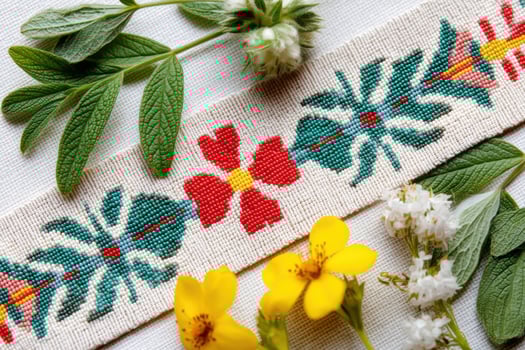 Native American textile art featuring vibrant floral patterns, surrounded by fresh herbs and wildflowers, showcasing cultural craftsmanship and natural beauty in a harmonious arrangement photo