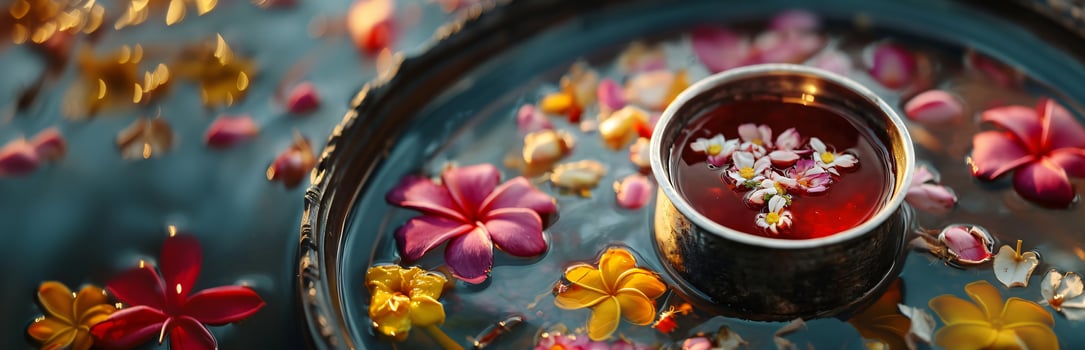 Bright flowers floating in water and bowl with oil or religious water. Traditional Hindu offerings. Banner for congratulations and advertising of holidays and festivals, spa and relax copyspace photo