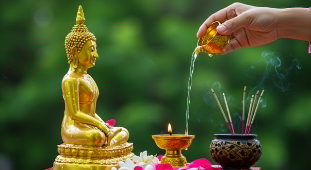 Hand pouring water on a golden Buddha statue. New Year tradition ritual, Songkran festival concept. Holiday background perfect for greeting cards or banner design, with space for text. photo