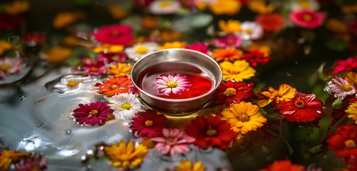 Flowers float on water with a bowl filled with red liquid for hindu ceremony ritual offering. Traditional banner with decoration for religious holidays, festivals, spa or meditation with copyspace photo