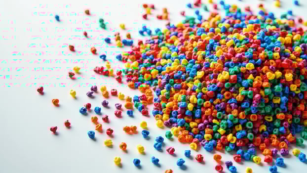 A pile of colorful plastic beads on a white surface photo