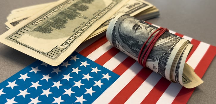 dollar money and American flag. bankrupt man counting money cash. business crisis finance dollar concept. close-up of a usd hand counting paper dollars. exchange finance economy dollar pay tax photo