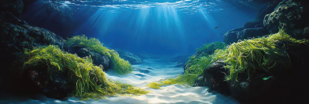 Sunlit underwater scene with lush seaweed on ocean floor photo