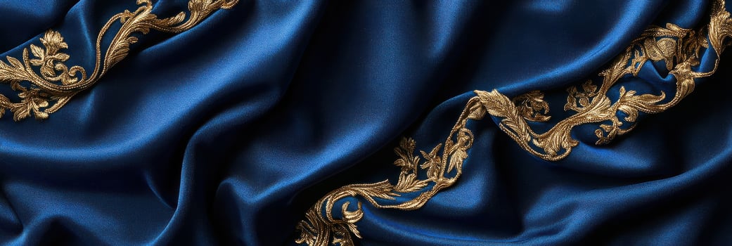 Luxurious blue silk fabric with intricate gold embroidery detailing textile design photo