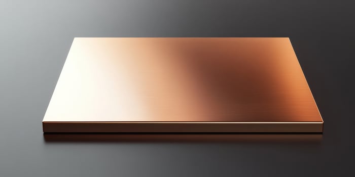 Minimalist copper metal sheet on gradient gray surface, industrial concept photo