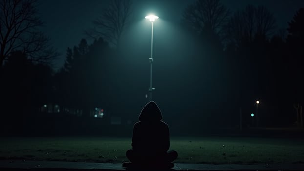 Hooded Figure Under Lamppost at Night photo