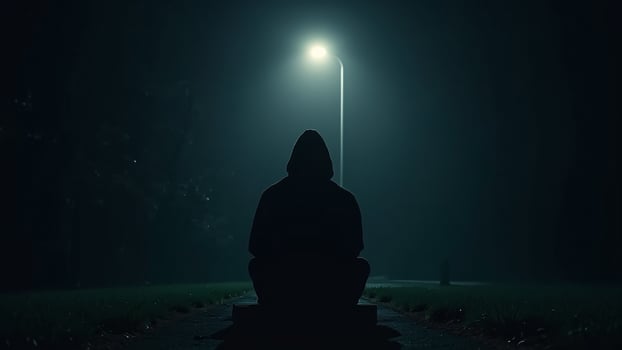 Silhouette of Hooded Figure Under Streetlight at Night photo