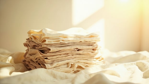 A stack of white cloths on a bed photo