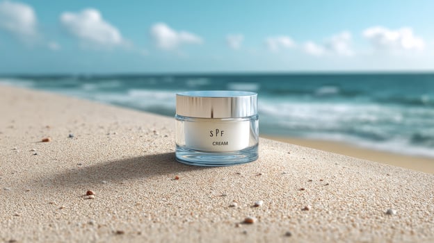 Sunscreen cream jar on sandy beach with ocean waves and blue sky backdrop photo