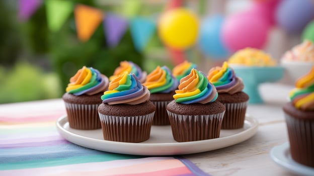 Comfort Food Chocolate Cupcakes with Vibrant Rainbow Frosting photo