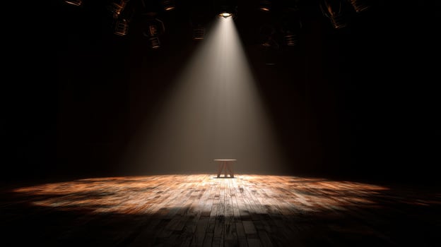 Empty stage with spotlight on wooden stool under dramatic theater lighting photo