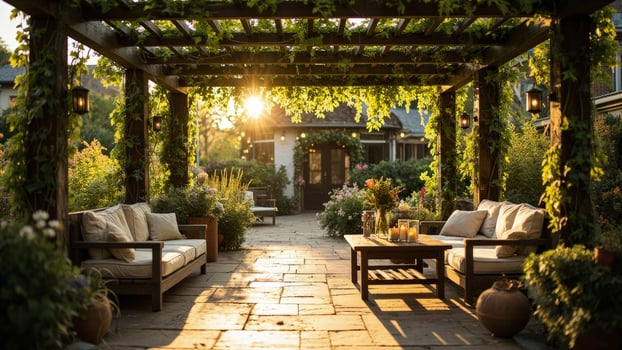 A patio with wooden furniture and a pergola photo