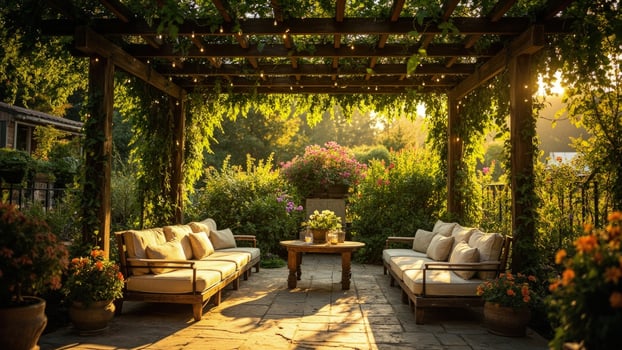 A patio with couches and tables under a pergola photo