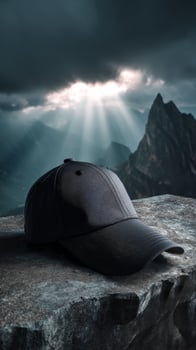 Black cap on stone ledge with dramatic mountain background and sun rays photo