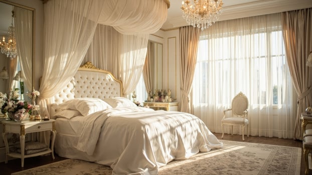 A bedroom with a bed, a mirror and a chandelier photo