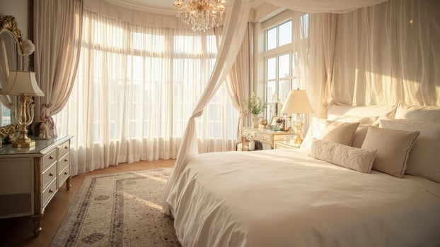 A bedroom with a canopy bed and a chandelier photo