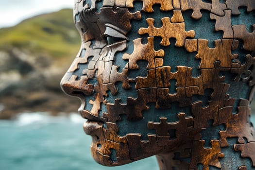 Abstract Puzzle Face Sculpture by the Ocean Art and Nature Fusion photo