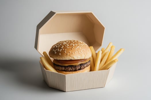 Bamboo tray with tasty burger and french fries. Minimalist concept. photo