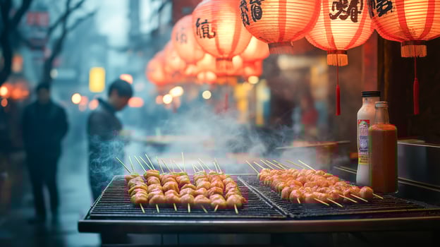 Skewers of grilled chicken sizzle over a charcoal grill in a lively street market. Lanterns illuminate the scene while visitors enjoy the tasty offerings amidst evening fog. photo