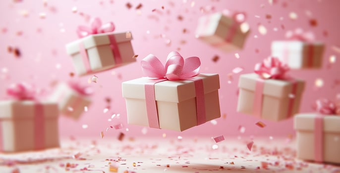 A collection of beautifully wrapped gifts with pink bows is suspended in mid-air, surrounded by sparkling confetti. This vibrant display evokes a joyful holiday spirit during the fall season. photo