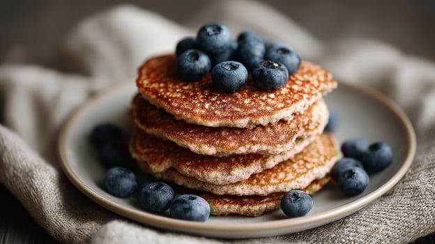 The tempting stack of wholegrain pancakes topped with blueberries and honey perfect for breakfast. photo