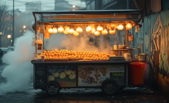 A food cart displays an array of tasty snacks under bright lights in a colorful urban environment. Steam billows as evening falls, creating a lively atmosphere for passersby. photo