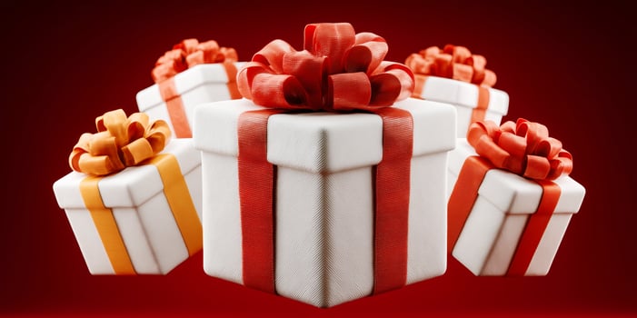 A collection of elegantly wrapped gifts with bright red and orange bows stands against a rich red background, capturing the essence of the fall holiday season and celebration. photo