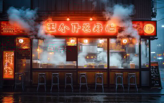 Colorful street food stall attracts attention with bright neon signs in a busy city, steam rising from the kitchen, creating a warm ambiance in the cool, rainy atmosphere. photo