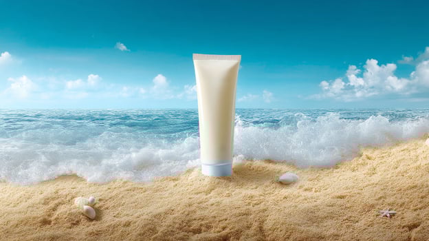Tube of sunscreen cream on sandy beach with ocean waves under blue sky photo