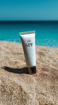 Sunscreen cream tube on sandy beach with blue ocean backdrop, summer skincare promo photo