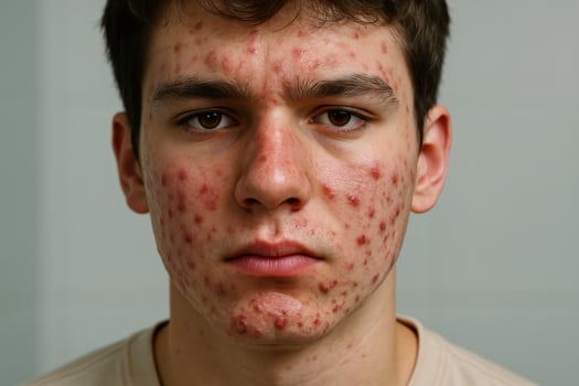 A close-up portrait of a young man with severe facial acne, showing inflamed skin and common teenage dermatological concerns photo