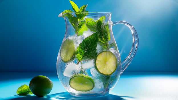 A glass pitcher filled with refreshing mojito ingredients, including lime, mint, and ice, against a blue background photo