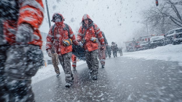 Rescue workers evacuate a victim on a stretcher during an intense snowstorm in an urban setting. Strong visual for depicting teamwork, emergency response, and harsh winter survival efforts. photo