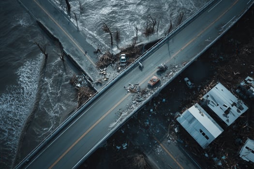 Drone image showing a destroyed coastal highway and storm-damaged area. Debris, submerged roads, and flooding reflect the impact of severe weather and environmental disaster. photo
