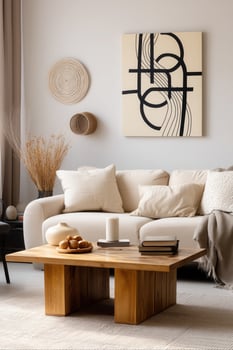 A living room with a white couch, coffee table and a rug photo