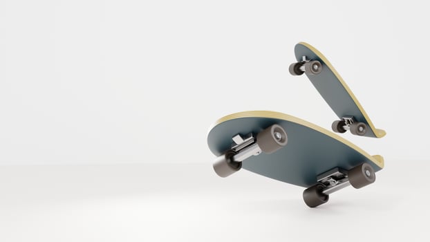 Twin Skateboards in Mid-Air - Dynamic 3D Illustration with Minimalist Background photo