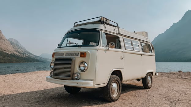Classic Camper Van by a Serene Mountain Lake photo