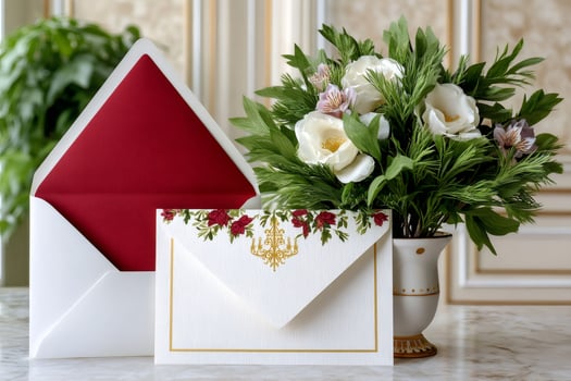 Elegant wedding invitation suite with red roses and gold chandelier design laying on marble table photo