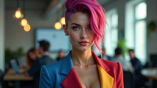 Stylish Woman With Colorful Hair In Office photo
