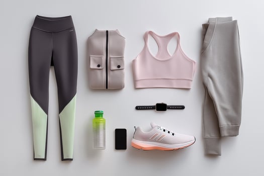 A variety of items including a sports bra, leggings, sneakers and water bottle photo
