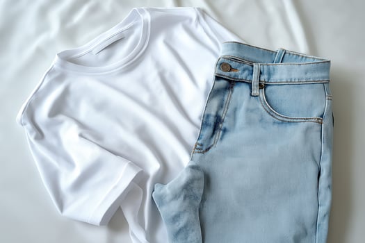 White t - shirt and jeans on a white bed photo