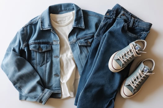 Denim jacket, white shirt, blue jeans and sneakers photo