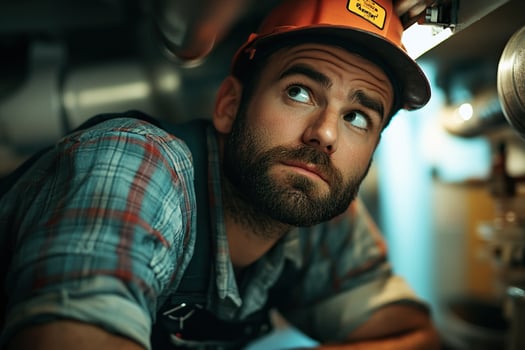 A plumber or handyman performs maintenance on a pipe in search of a water leak. photo