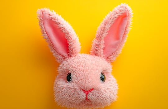 Pink bunny toy on yellow bg. Bright pink bunny toy with big eyes and fluffy ears stands out against a cheerful yellow background. photo