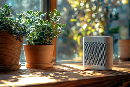 Wireless speaker on wooden table photo