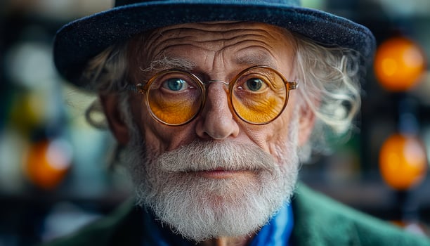 Glasses-wearing elderly man. An elderly man with a gray beard and round glasses poses confidently in a colorful background filled with light. photo
